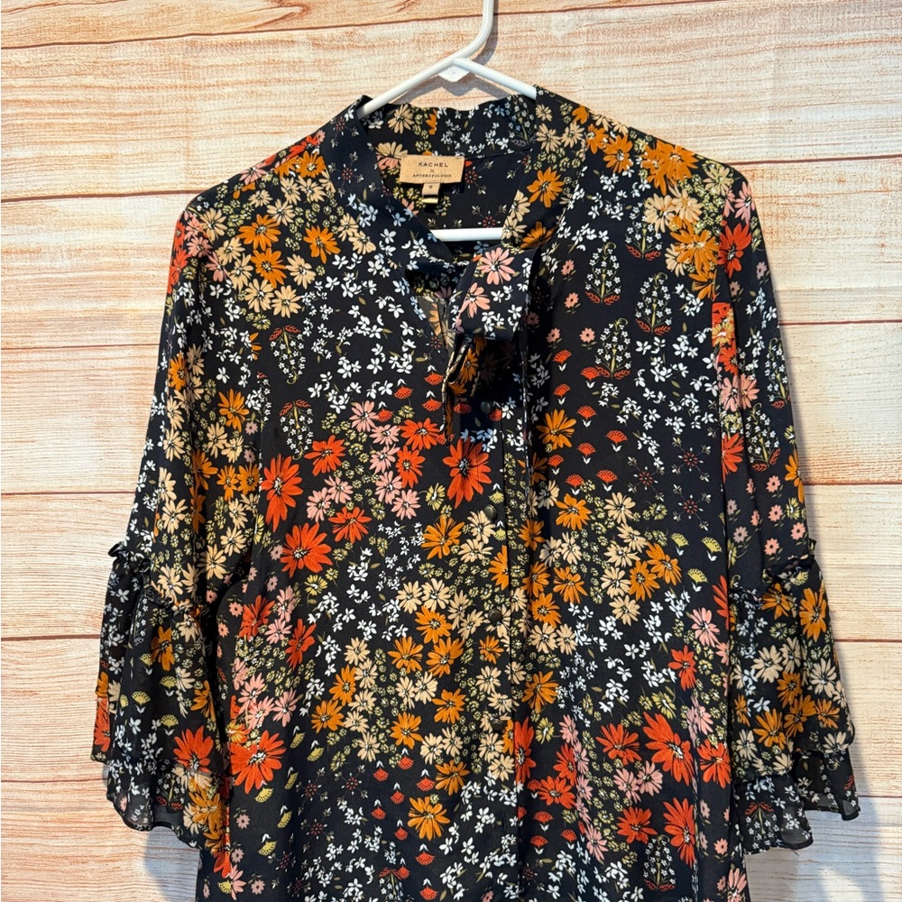 Anthropologie Black Floral Tiered Ruffle-Sleeve Blouse